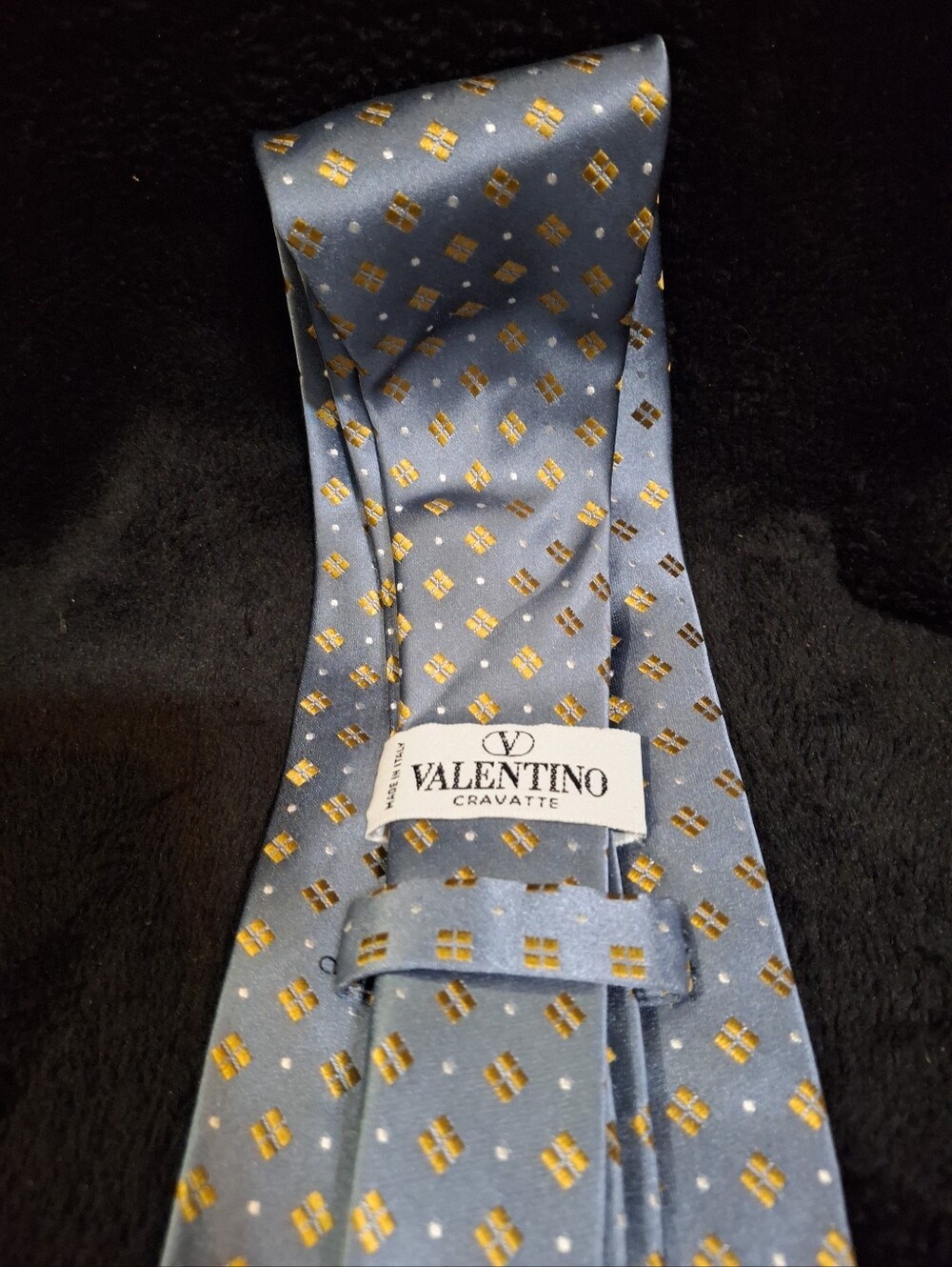 Valentino Light Blue Silk Tie with Gold Geometric Motifs